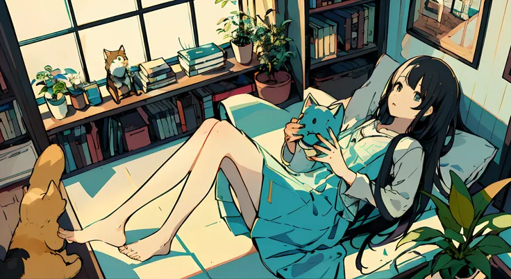 a girls, from above, plant, black hair, cat, lying, indoors, holding, long sleeves, long hair, stuffed toy, potted plant, book, food, window, phone, loaded interior, television, short hair, on back, stuffed animal, bangs, slippers, barefoot, sitting, books...