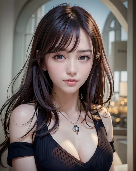 (in 8K, top-quality, ​masterpiece:1.2), (realisitic, Photorealsitic:1.37), ultra-detailliert, Natural sunlight, mideum breasts, I can see the cleavage, 1 persons, 25 year old woman, Dark hair, Pendants, Torn shorts, Light Knit V-Neck Shirt, At the time of ...