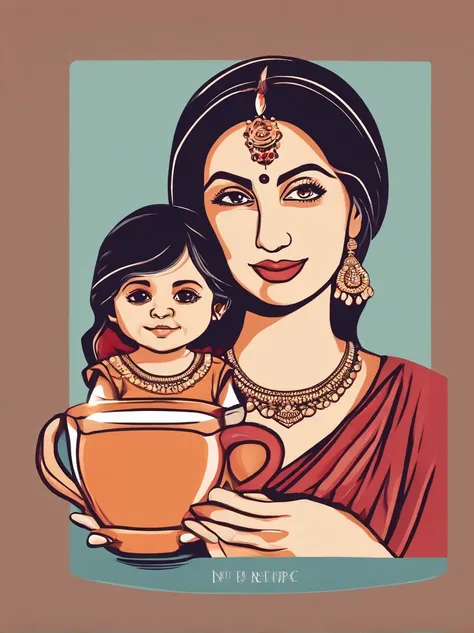 Indian mother, heart and a chai cup cartoon style dual-color illustration for t-shirt front design