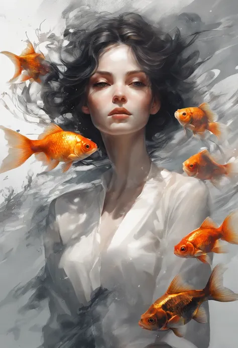 Perfect centralization, Fantastic black goldfish, alegria, Standing position, beleza abstrata, Centrado, looking at the camera, Facing the camera, Approaching perfection, Dynamic, altamente detalhado, liso, foco nítido, 8k, alta resolução, illustration, ar...