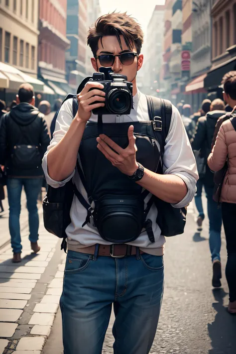 A man with a camera taking pictures of the world.