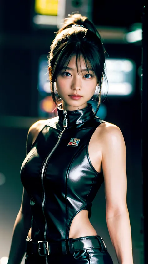 Lolita, smiling, 20 years old, ((best quality)), ((masterpiece)), (high definition:1.3), 3D, beautiful (cyberpunk:1.3), stylish woman looking at camera black leather clothes, sleeveless, embarrassed, waist skin invisible, blue-black leather pants, silver z...