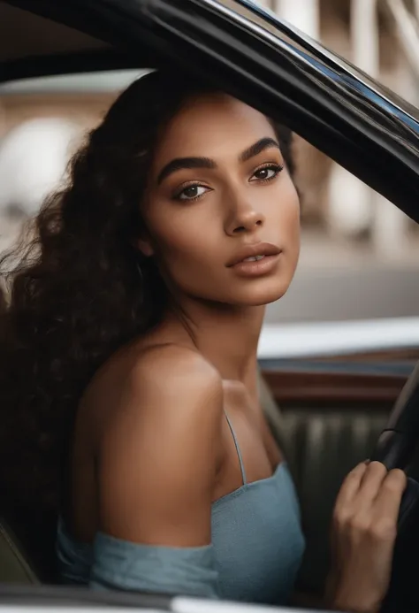 woman with a blue bra top sitting in a car with a black seat belt, without makeup, she has olive brown skin, with very thin lips, her skin is light brown, portrait sophie mudd, beautiful well rounded face, flawless face, perfect face!!, her face is coated ...