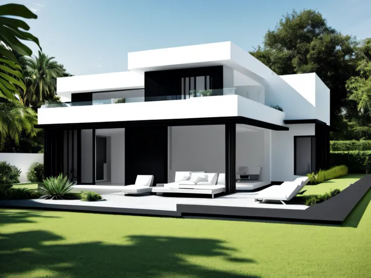 casa moderna, minimalista, color negro, blanco, detallado, lujosa