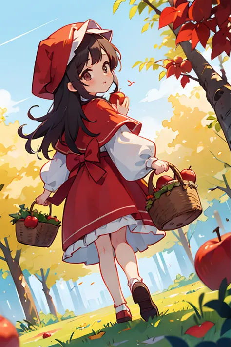 Girl dressed to go on an adventure、Dressed as Little Red Riding Hood、bustup、Walking while humming、Looks like a lot of fun、There is a basket with apple pie、Take low-angle shots from behind