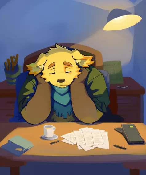 solo, cu sith, dog, yellow fur, yellow body, chubby male, pajamas, dozing off, sleeping, snoring, hands on desk, messy desk, lap...