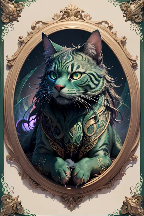 Beautifully colorful and highly detailed incredibly ornate decorative green cat as a 3D sculpture of a cats face by Walter Crane and William Morris, gros-plan, twisting leaves, tiny fine flowing lines, abstract psychedelic, 8 K, art  stations, overwhelming...