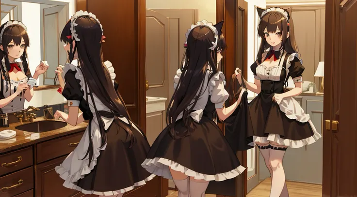 Anime character in maid clothes standing in mirror and room, gorgeous maid, anime girls in maid costumes, maid, anime cat girl in a maid costume, anime maid ss military, anime maids riding early tanks, maid dress, a sexy maid in a magical forest, wearing a...