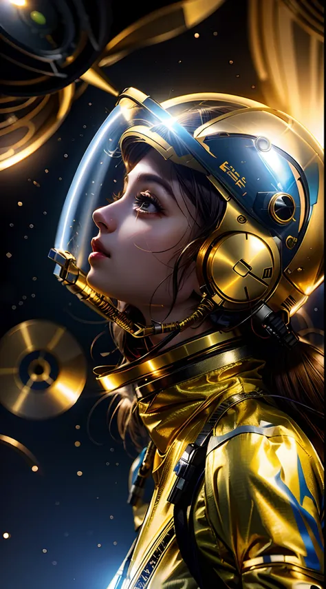 A woman in a golden astronaut suit and helmet looks up at the sky, Wojtek FUS, CGSetalidade 8K, CGSetivity 8K, CGSetivity 8K, CGSetivity UHD 4K altamente detalhado, CGSetnation ), mulher bonita no traje espacial, cgsociedade inspirada, CGSesociety 4K UHD, ...