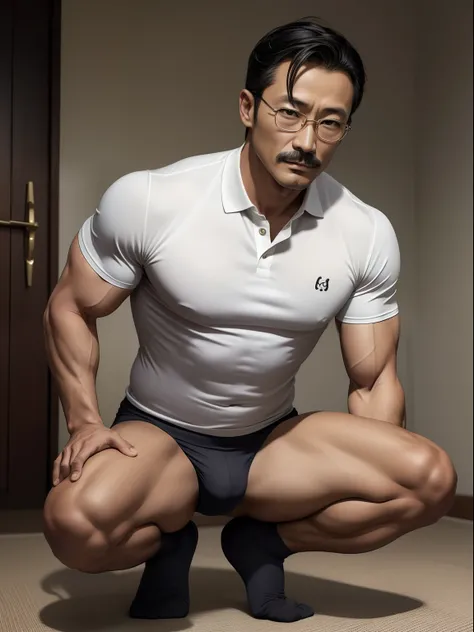 45 yers old，Hidetoshi Nakata ，（Kogoro Mouri 1.3），浴室，A muscular man crouches，Raised butt，leg wide open，Crotch contour，wearing an sexy underwear，Polo shirt，with mustache，tmasterpiece，k hd，the feet，semi transparent，black long socks，The barefoot，Thick chest ha...