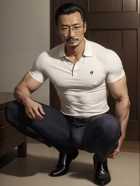 45 yers old，Hidetoshi Nakata ，（Kogoro Mouri 1.3），浴室，A muscular man crouches，Raised butt，leg wide open，Crotch contour，wearing an sexy underwear，Polo shirt，with mustache，tmasterpiece，k hd，the feet，semi transparent，black long socks，The barefoot，Thick chest ha...