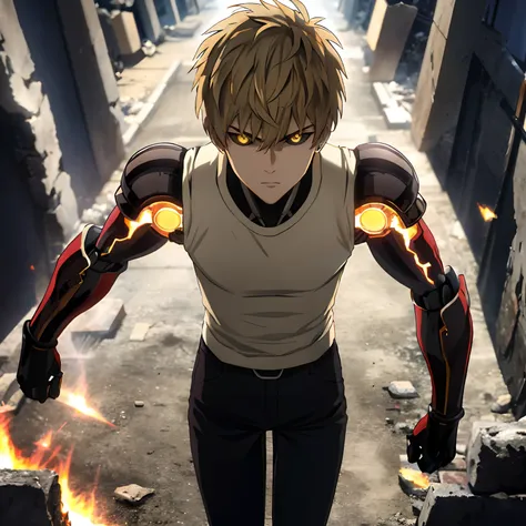 "(masterpiece, best quality: 1.4), colorful portrait, high contrast, genos white shirt, sleeveless, black pants, mechanical arms, bright, bright eyes, bright hands, standing on a destroyed City, flame everywhere, standing in battle position. Ready to fight...