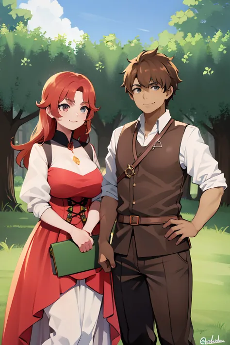 A light brown man and a red-haired woman dressed in medieval clothing posing for a painting, as a medieval fantasy character, in a garden