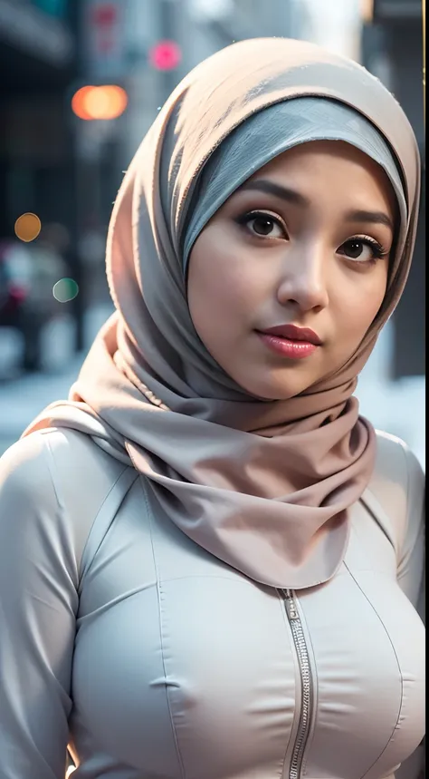 1 malay girl , modern plain hijab,  shy, medium portrait shot , watery  eyes , wearing a hijap professional portrait photo of a beautiful in hijap malay girl in winter clothes with fly long hijab, ((sultry flirty look)), ((big breasts)), beautiful symmetri...