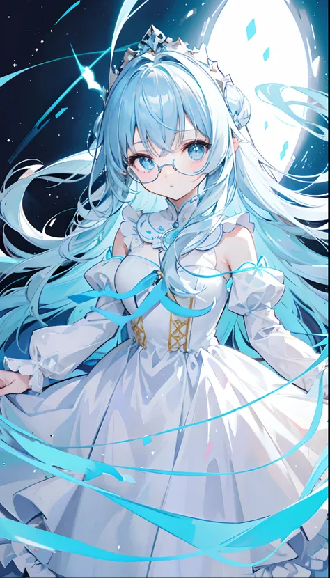 Poor and simple light blue long hair，White glasses，Various light blue with light yellow princess dresses look a little intellectual and cute，Light blue pupils，The whole is fluorescent