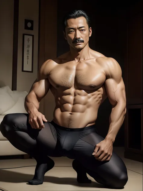 45 yers old，Hidetoshi Nakata ，（Kogoro Mouri 1.3），浴室，A muscular man crouches，Raised butt，leg wide open，Crotch contour，wearing an sexy underwear，Polo shirt，with mustache，tmasterpiece，k hd，the feet，semi transparent，black long socks，Thick chest hair，dark-skin，...