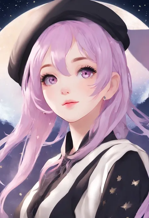 ((masutepiece,Best Quality)),(negative space:1.4),(1girl in, Solo:1.4),Beautiful detailed eyes,Floating pastel pink and lavender hair, Lavender eyes, At night, Starry sky, Shining stars