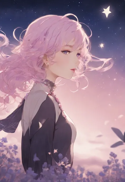 ((masutepiece,Best Quality)),(negative space:1.4),(1girl in, Solo:1.4),Beautiful detailed eyes,Floating pastel pink and lavender hair, Lavender eyes, At night, Starry sky, Shining stars