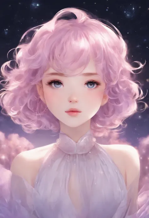 ((masutepiece,Best Quality)),(negative space:1.4),(1girl in, Solo:1.4),Beautiful detailed eyes,Floating pastel pink and lavender hair, Lavender eyes, At night, Starry sky, Shining stars