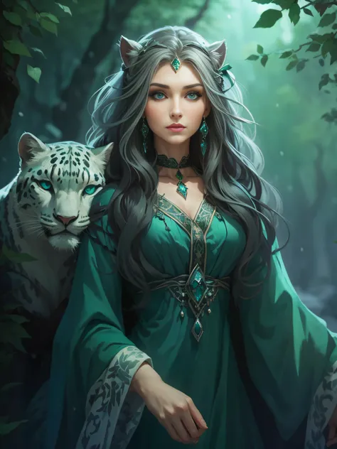 beautiful Slavic sorceress, green dress, eyes were a shade of grayish blue, snow leopard