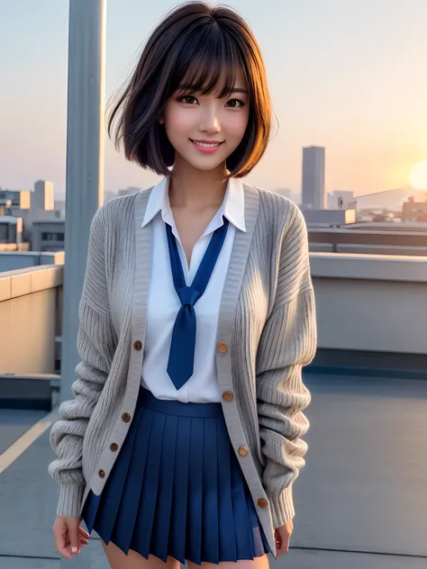 product quality, 1girl, upper body shot, front view, a Japanese young pretty woman, bob hair, standing with a big smile on a school rooftop in the sunset, hair blown by a wind, glamorous figure, wearing a long length gray knitted cardigan over a white coll...