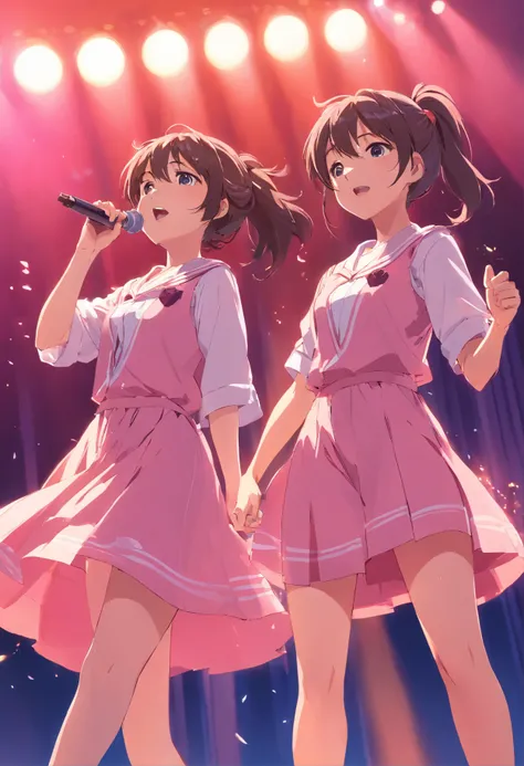 schoolgirls,Bundled ponytail,Pink dress,,singing on stage, Stage lighting, Glare.