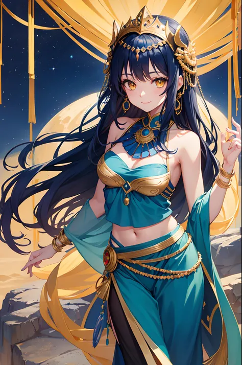 anime, young woman, solo, long hair, dark blue hair, yellow eyes, model, beautiful, half body potrait, arabian clothes, mesir, desert, harem pants, tube top, smile, shawl, headpiece, jewelry, princess, young