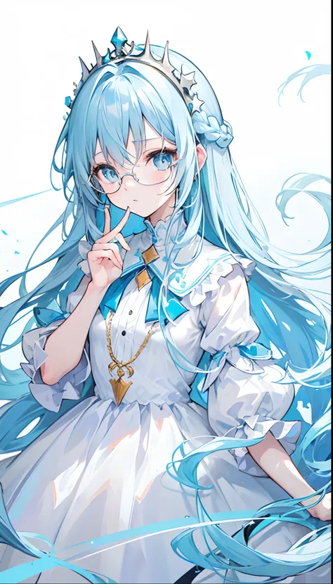 Poor and simple light blue long hair，White glasses，Various light blue with light yellow princess dresses look a little intellectual and cute，Light blue pupils，The whole is fluorescent