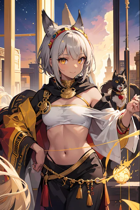 anime, girl, solo, short hair, grey hair, red yellow eyes, brown cat ears, brown cat tail, brown skin, dark skin, Anubis girl, model, beautiful, half body potrait, arabian clothes, mesir, desert, harem pants, tube top, smile, shawl, headpiece, jewelry, pri...