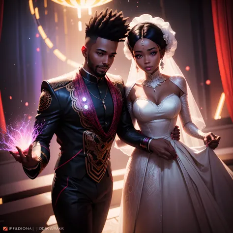 a happy Black man wedding a black woman both wearing african designed clothes getting married, in a dark room full of red neon lit androids, shining particles floating in the air, glowing  with iridescent light, photorealistic image, ultra HD, cinematic li...