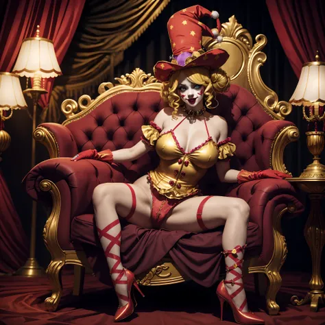 Crazy Clown Queen, sitting on a golden throne, Wear a clown hat, Wear clown costumes, mitts, vivd colour, Laughing, Deep blonde hair, Cute breasts, Horror , (did not wear panties)，Wavy hair, Bun, and high heels. (bloods), Circus props, spooky ambiance, hau...