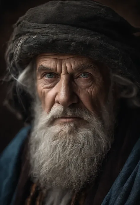 A portrait of a wizard, bearded, wrinkled, weathered, with piercing eyes, detailed face, high details, photography, dark studio, rim light, Nikon D850, 50mm, f/1.4