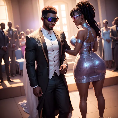 a happy Black man wedding a black woman both wearing VR glasses and african designed clothes getting married, in a room full of virtual screens, shining with beautiful and vibrant light,  with iridescent light, photorealistic image, ultra HD, cinematic lig...