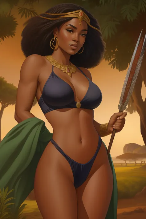 Arte similar Jonh Buscema,1garota,cabelos curtos encaracolados,cabelos negros,olhos castanhos escuros, princesa Africana , super realista, middlebreasts, vestimenta nativa do povo Bantu , olhar audacioso, postura imponente, 4K分辨率, Lotes Cameltoe, lotes de ...