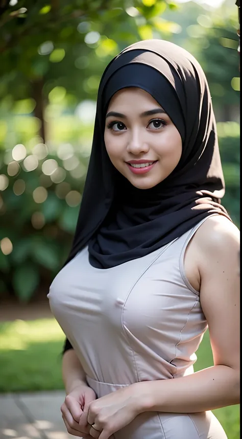 RAW, Best quality, high resolution, Masterpiece: 1.3), Beautiful Malay woman in hijab, Masterpiece, Perfect slim body, ((Big breasts)), Beautiful big eyes, water eyes, Soft smile, (wearing baju kurung ketat ), smiling, windy, skin details, skin texture det...