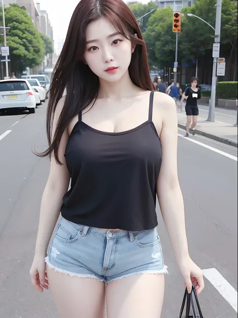 hight resolution, top-quality,  ultra-quality, The ultra-detailliert, lighting like a movie、Woman in super shorts、In the street、camisole、((large breasts))