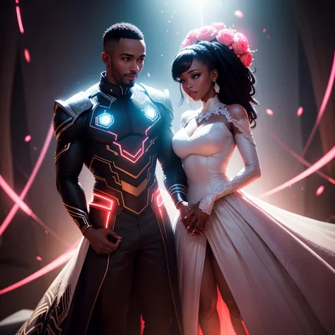 a happy Black man wedding a black woman both wearing african designed clothes getting married, in a dark room full of red neon lit androids, shining particles floating in the air, glowing  with iridescent light, photorealistic image, ultra HD, cinematic li...