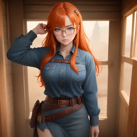 8k, masterpiece, best quality, realistic, higly detailed, cowboy shot, 1girl, solo, itsuki, serious looking girl, medium-length hair, expressive ahoge, reddish-orange hair, a pair of star-shaped hairpins near both of her eyes, dark blue eyes, average heigh...