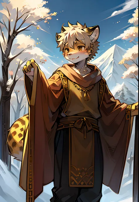 1boy, kemono, based pixiv, (cheetah boy, fluffy body:1.2, solo), young adult, face, animal nose, a fluffy tail, shaded fur, shy:0.3, moutain, trees in background, roman style outfit,