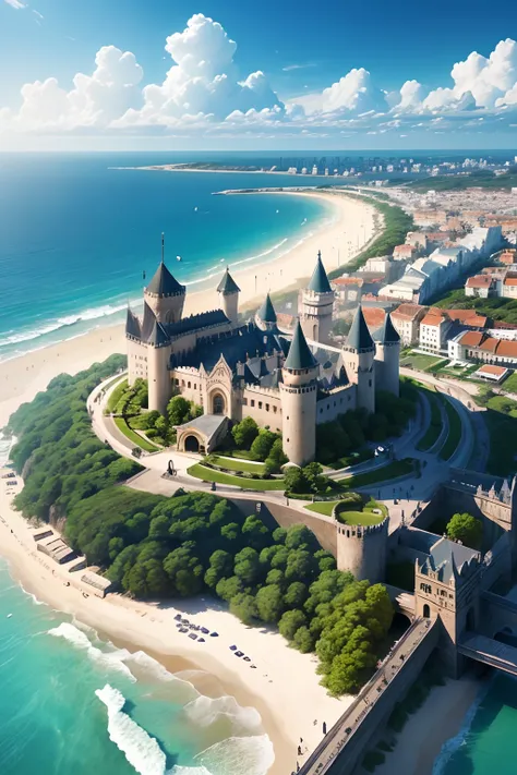 a city that is on the beach, with high walls, with a port, a forest in the back, a castle in the middle of the city with tall towers