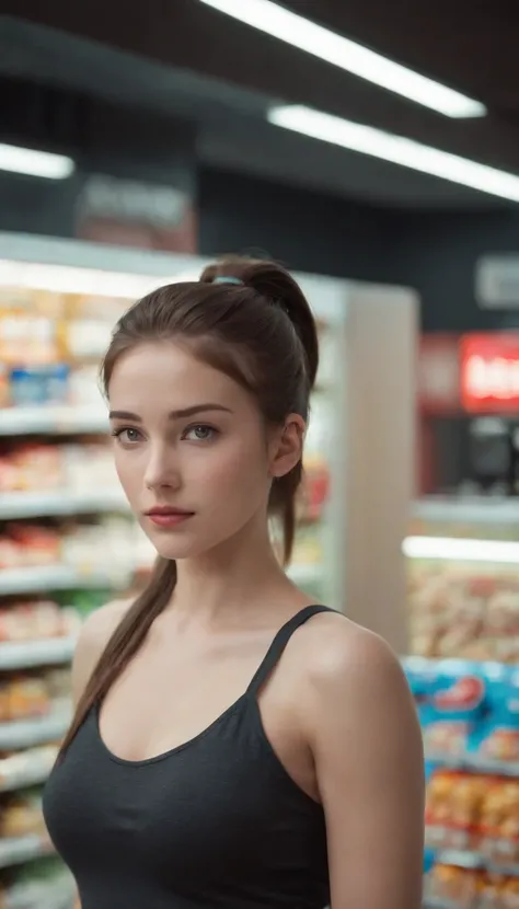 CINEMATICA MATRIX 5, NSFW,A 20 year old girl with ponytail hair, big dark gray eyes, and a perfect ovale face, rendered in a photorealistic style with sharp edges and a vibrant atmosphere, standing in a convenience store with bare breasts