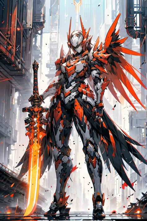 a woman with a sword and wings standing in front of a city, by Yang J, from arknights, detailed key anime art, red armor, trending on artstation pixiv, anime epic artwork, badass anime 8 k, [ trending on cgsociety ]!!, anime fantasy artwork, detailed anime...