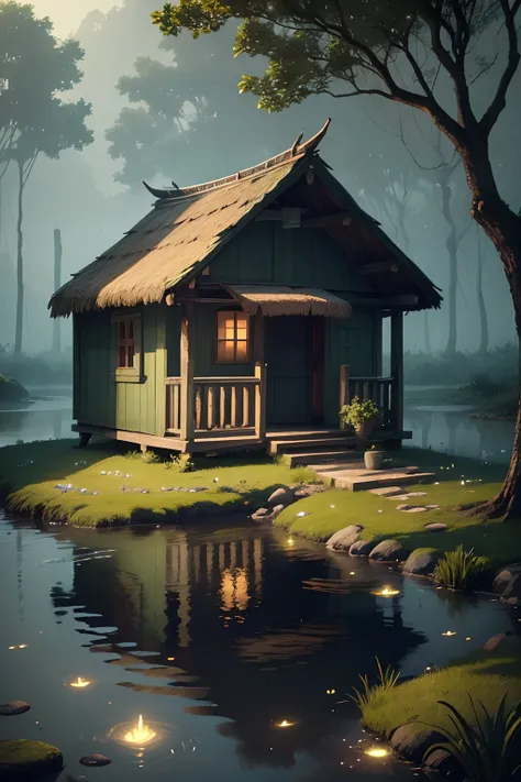 a hut in a swamp, with a white stone next to it, with a green lawn, next to a river, with little light, at night, with fireflies around