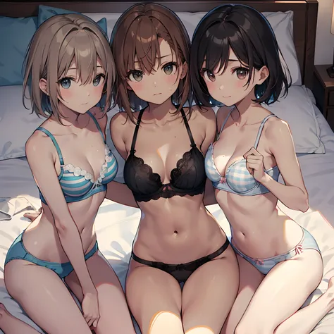 NSFW ４ｋqulity, top-quality, Misaka_mikoto, Brown-eyed, Short_hair, Ultra-small_Breast,）On a hotel bed　Blue lingerie　１６age　sexypose　Bewitching　Break white bra for heavy sweating、Pink bra、Blue bra、Green bra、Greybra、Light grey bra、 Striped bra、Polka Dot Bra、P...