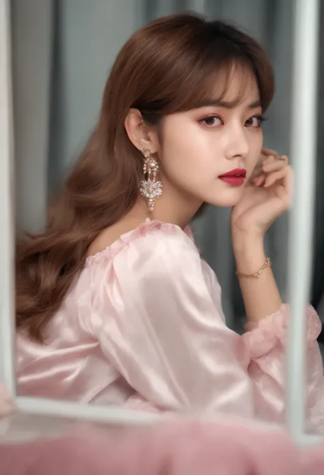 Girl with face taehyung of BTS. medium hair, She is wearing a white blouse and a pink skirt. taking a photo in the mirror and sitting on the bed with a cute face and a nice pout on her mouth. a German splitz by your side.