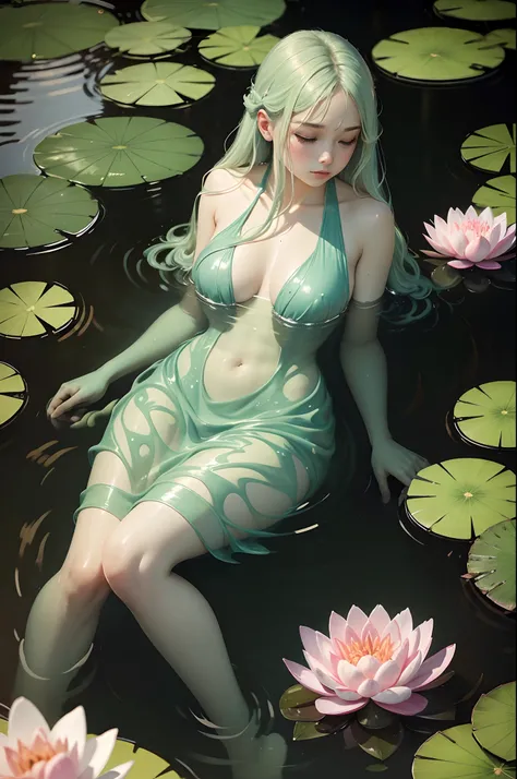 A woman in a pond，There are water lily pads in the water, in a pond, standing in a pond, floating in a powerful zen state, nymph in the water, sitting in a reflective pool, floathing underwater in a lake, sitting at a pond, in water up to her shoulders, th...