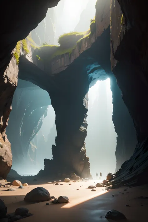 Create an anime-style image depicting the interior of a vast, dimly lit cave. The focus is solely on capturing the ambiance and details of the cave environment, without featuring any individual figures or characters. Emphasize the unique characteristics of...