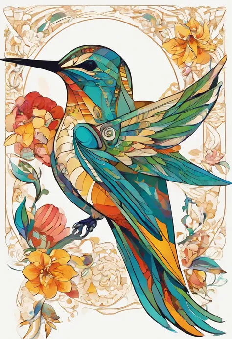 oil painting, a Mexican hummingbird on a white background, close-up, centered image, ultra detailed illustration, (tetradic colors), whimsical, enchanting, fairy tale, (ink lines: 1.1), strong contours, fine art from MSchiffer, bold strokes, no frame, high...