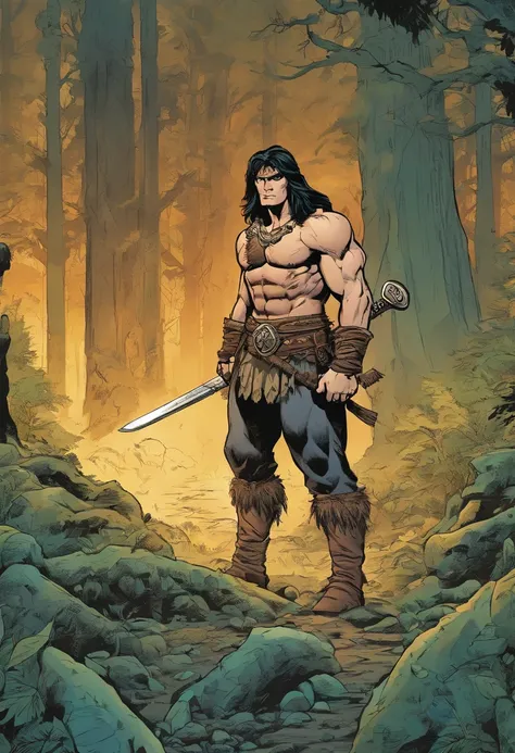 Conan, a strong man, is holding his sword on the ground, has skulls and in the background a foggy forest