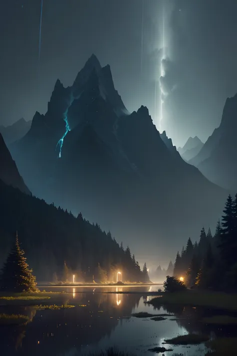 a swamp, with little light, at night, with fireflies around, raining, next to a very high mountain range, with very tall trees